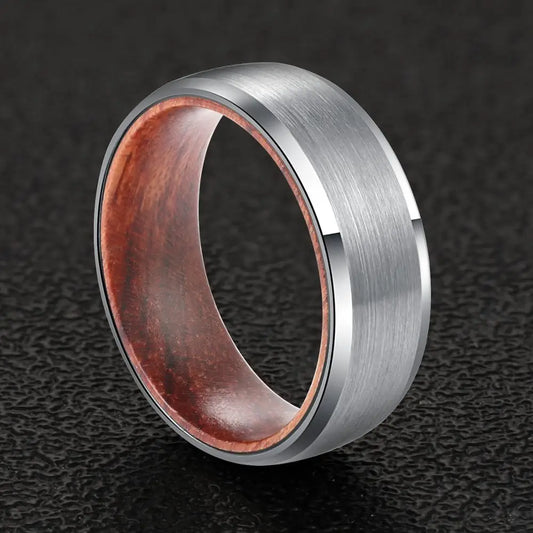 Tungsten Wood Inlay Ring 8mm Matte Finish Beveled Edges Wedding Band