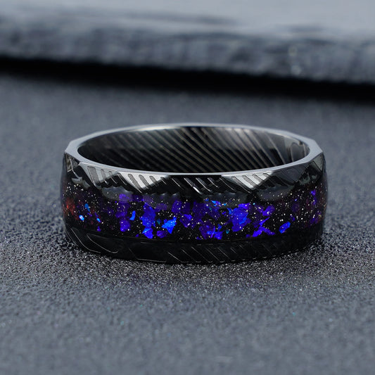 Galaxy Gravel Inlay Black Steel Damascus Stainless Steel Ring