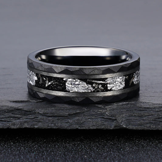 Black 8mm Hammered Tungsten Ring Sliver Leaf & Meteorite Shaving Inlay