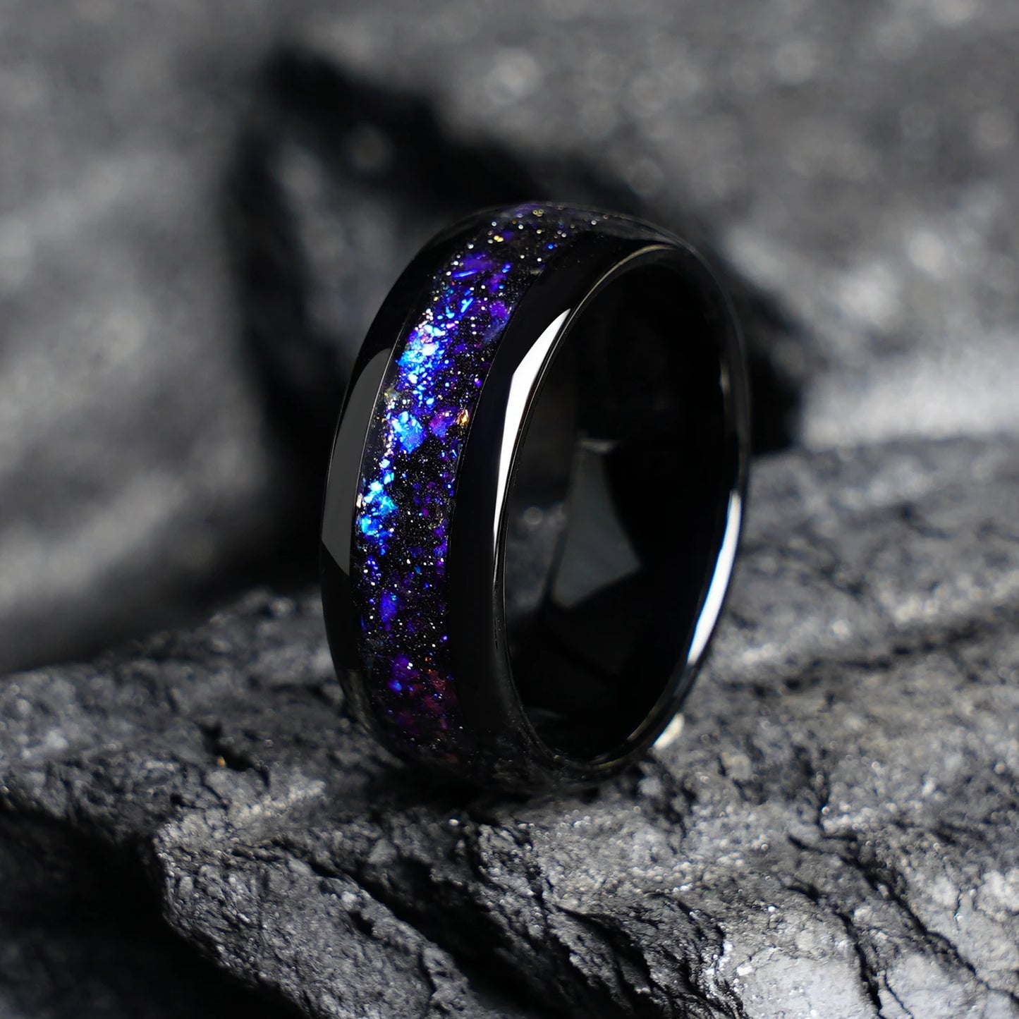 8mm Black Tungsten Ring Galaxy Gravel Inlay Wedding Band