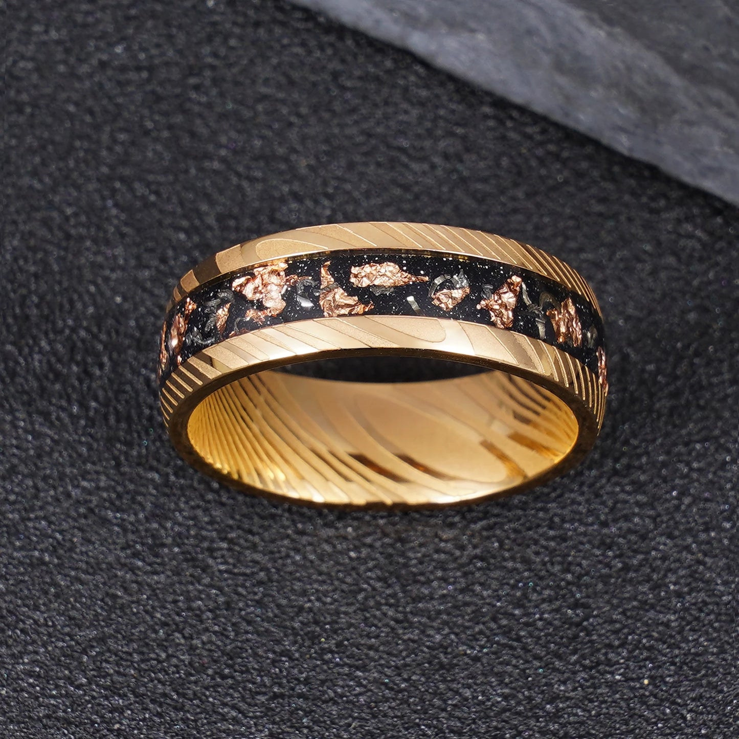 Rose Gold Black 8mm Damascus Steel Ring