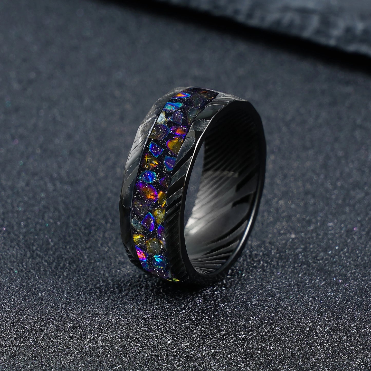 Galaxy Gravel Inlay Black Steel Damascus Stainless Steel Ring