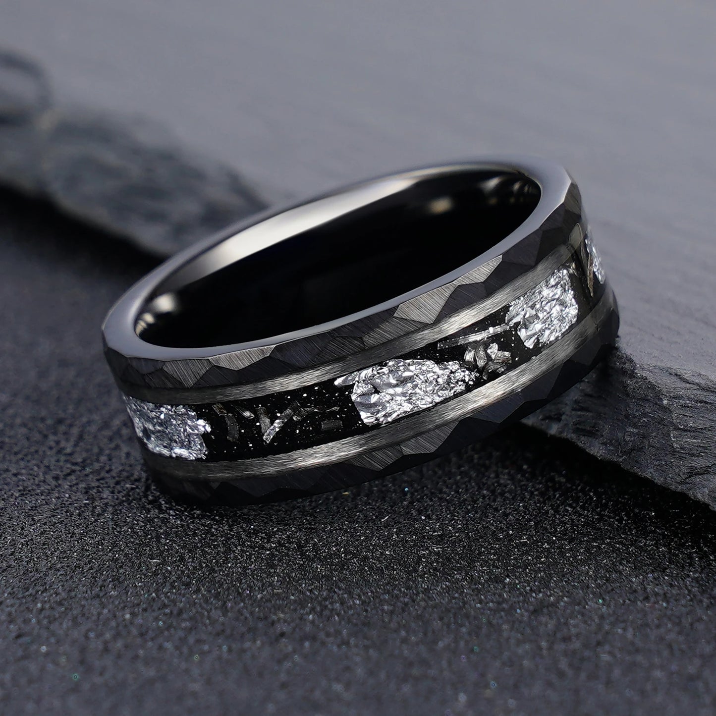 Black 8mm Hammered Tungsten Ring Sliver Leaf & Meteorite Shaving Inlay