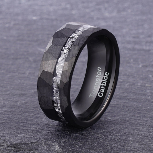 8mm Meteorite Inlay Black Hammered Plated Tungsten Carbide Rings