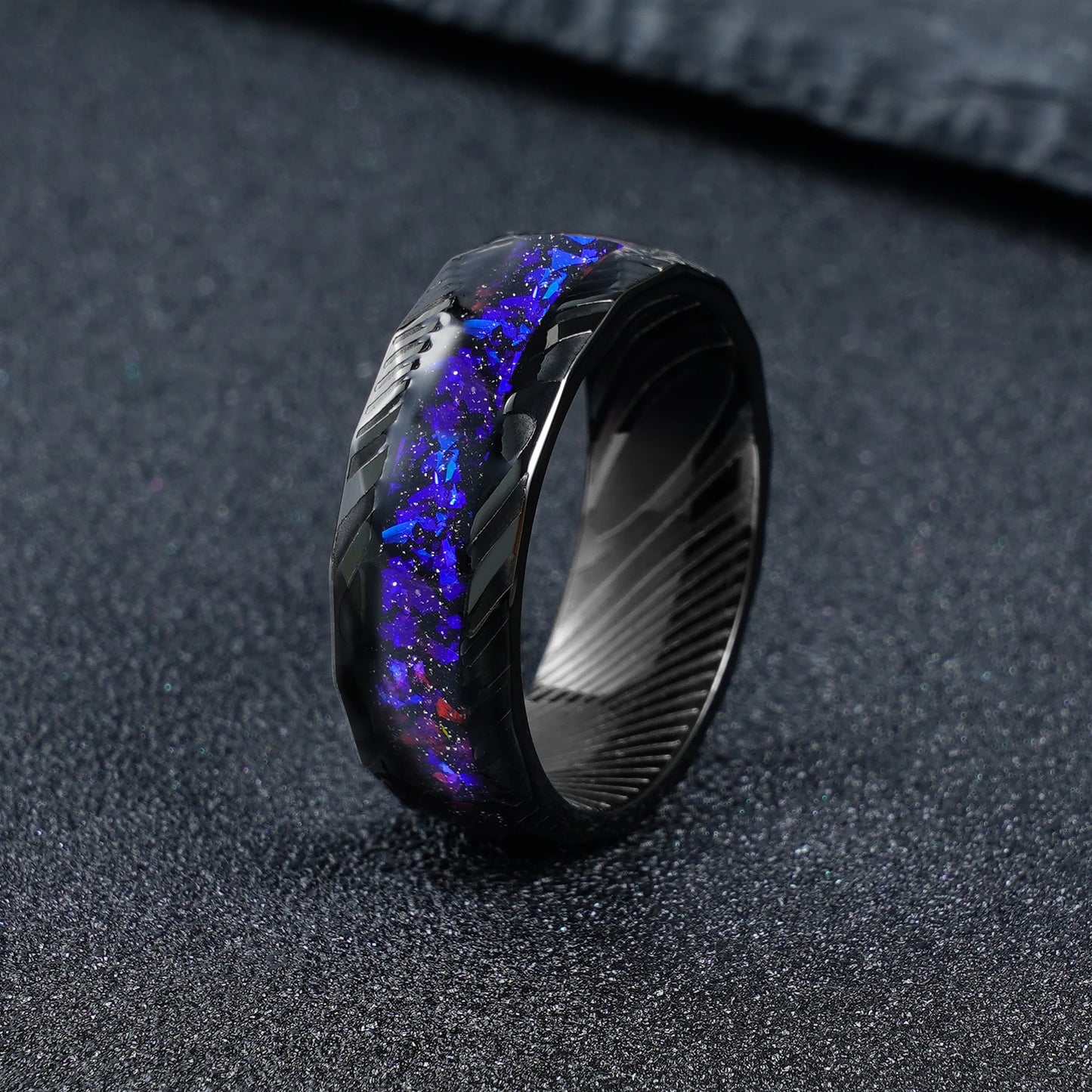 Galaxy Gravel Inlay Black Steel Damascus Stainless Steel Ring