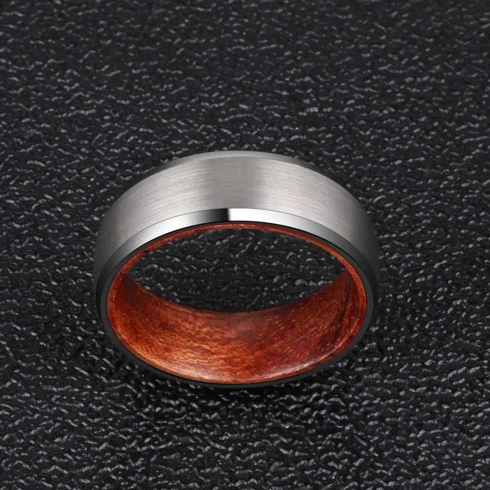 Tungsten Wood Inlay Ring 8mm Matte Finish Beveled Edges Wedding Band