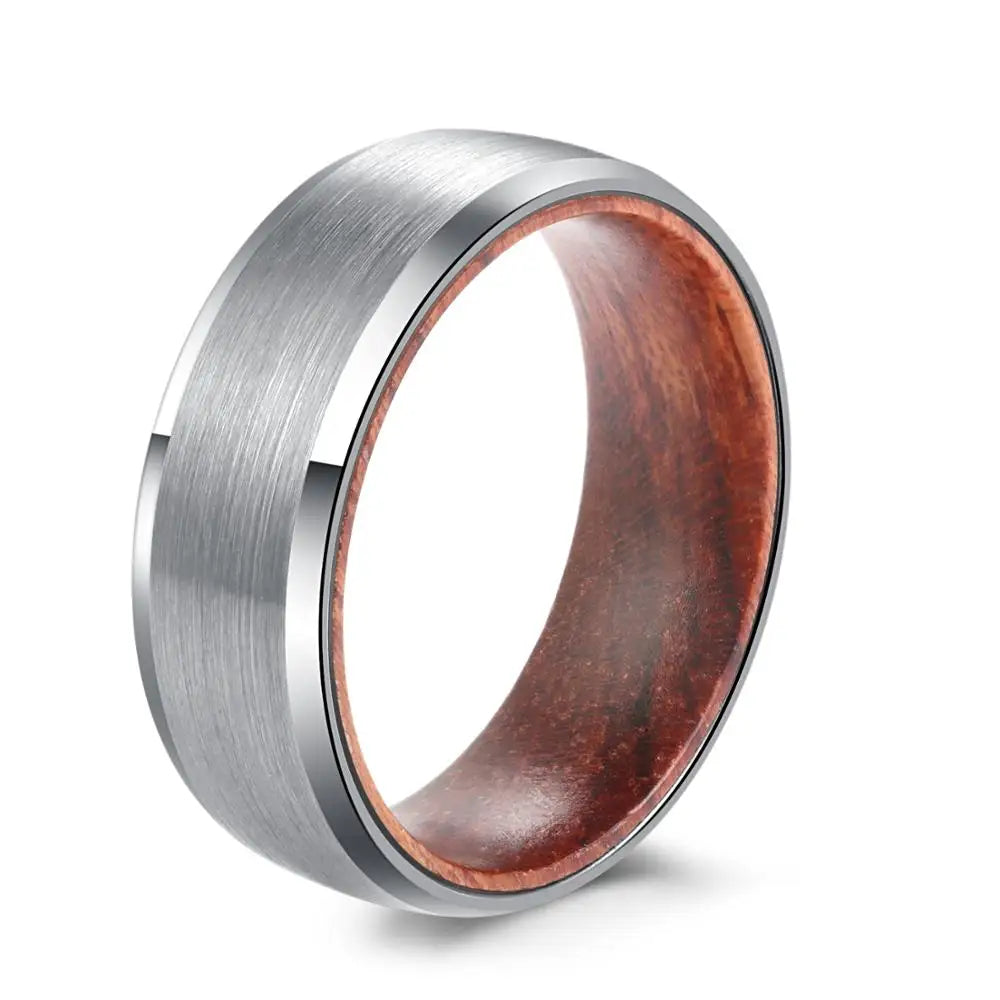 Tungsten Wood Inlay Ring 8mm Matte Finish Beveled Edges Wedding Band