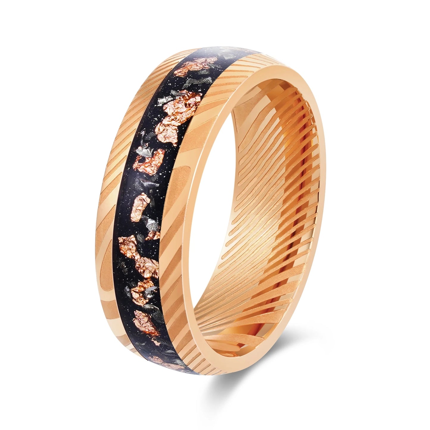 Rose Gold Black 8mm Damascus Steel Ring