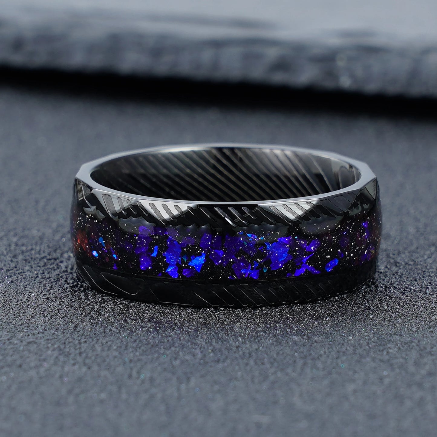 Galaxy Gravel Inlay Black Steel Damascus  Stainless Steel Ring