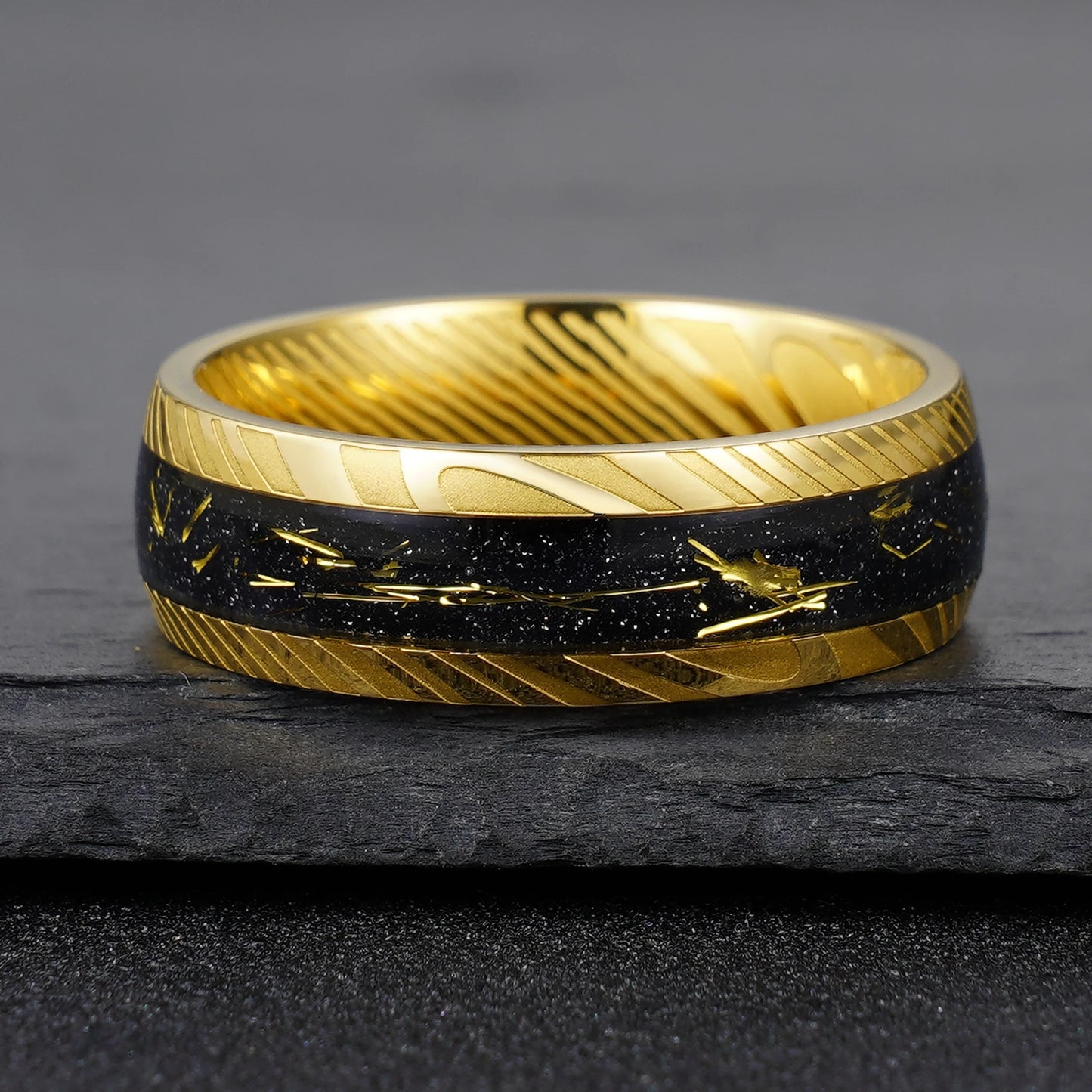 Gold Black 8mm Damascus Ring