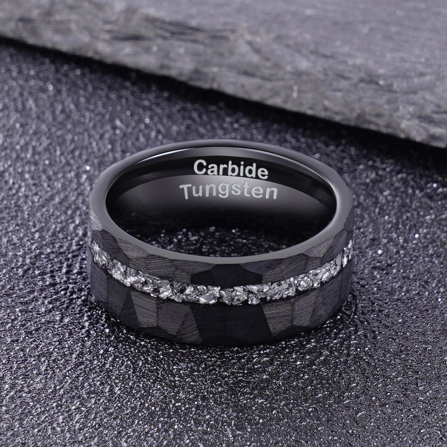8mm Meteorite Inlay Black Hammered Plated Tungsten Carbide Rings