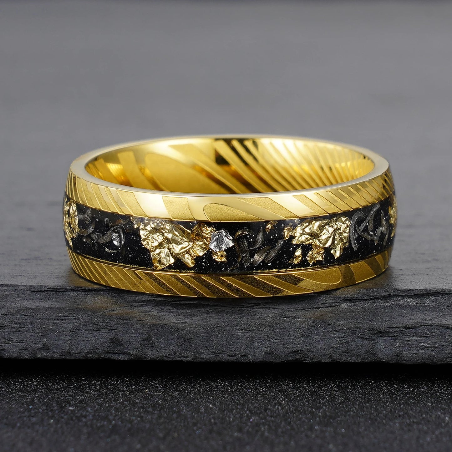 Gold Black 8mm Damascus Steel Ring