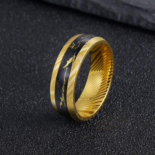 Gold Black 8mm Damascus Ring