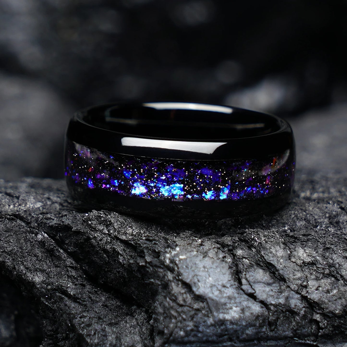 8mm Black Tungsten Ring Galaxy Gravel Inlay Wedding Band