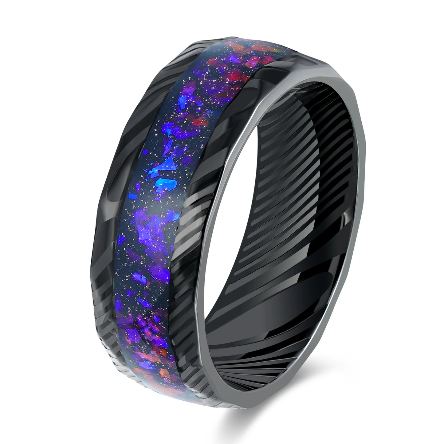 Galaxy Gravel Inlay Black Steel Damascus  Stainless Steel Ring