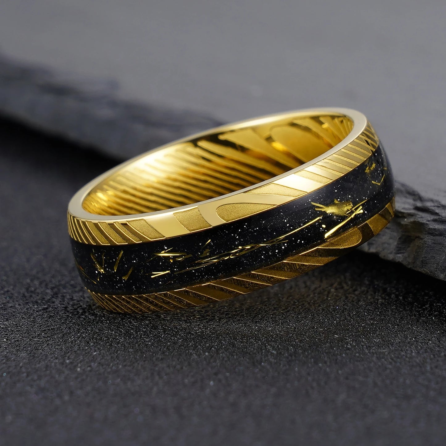 Gold Black 8mm Damascus Ring