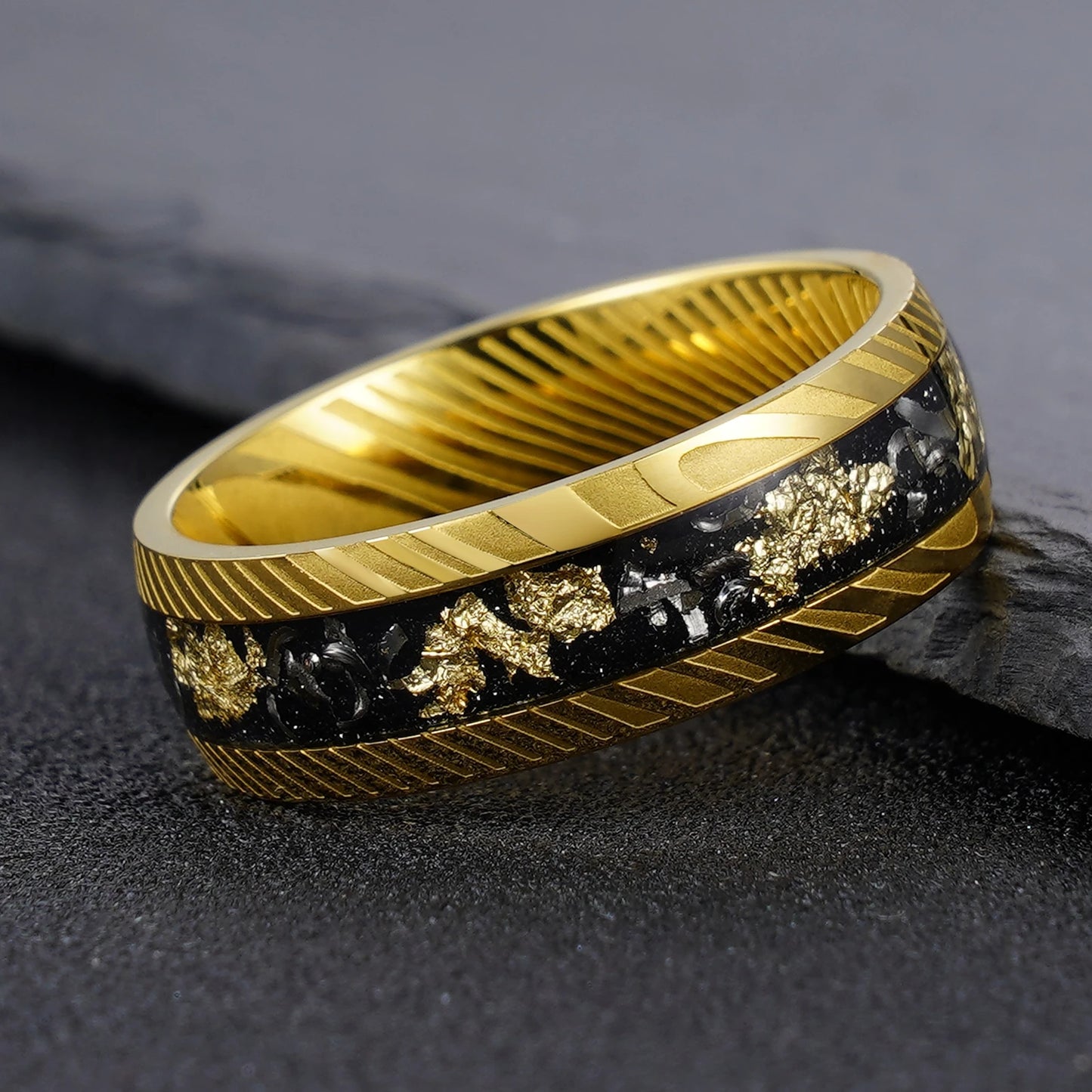 Gold Black 8mm Damascus Steel Ring