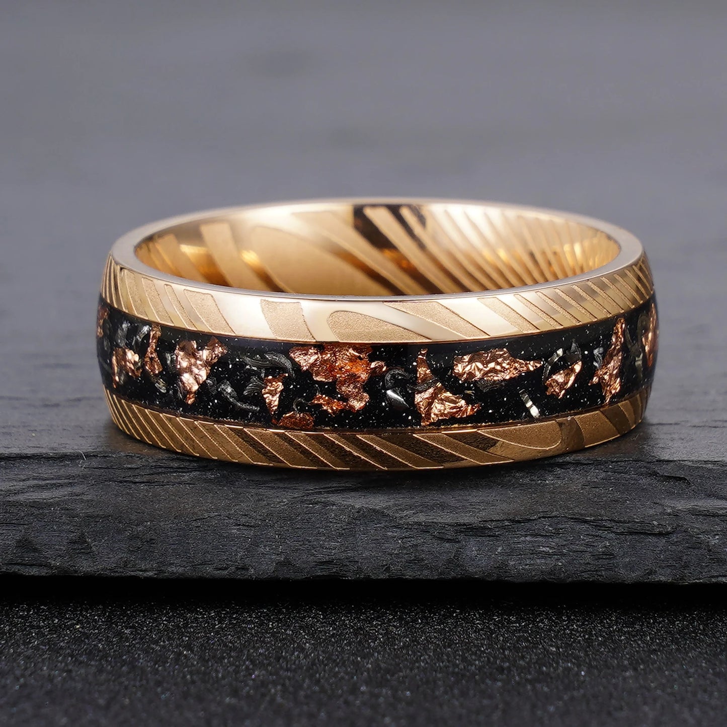 Rose Gold Black 8mm Damascus Steel Ring