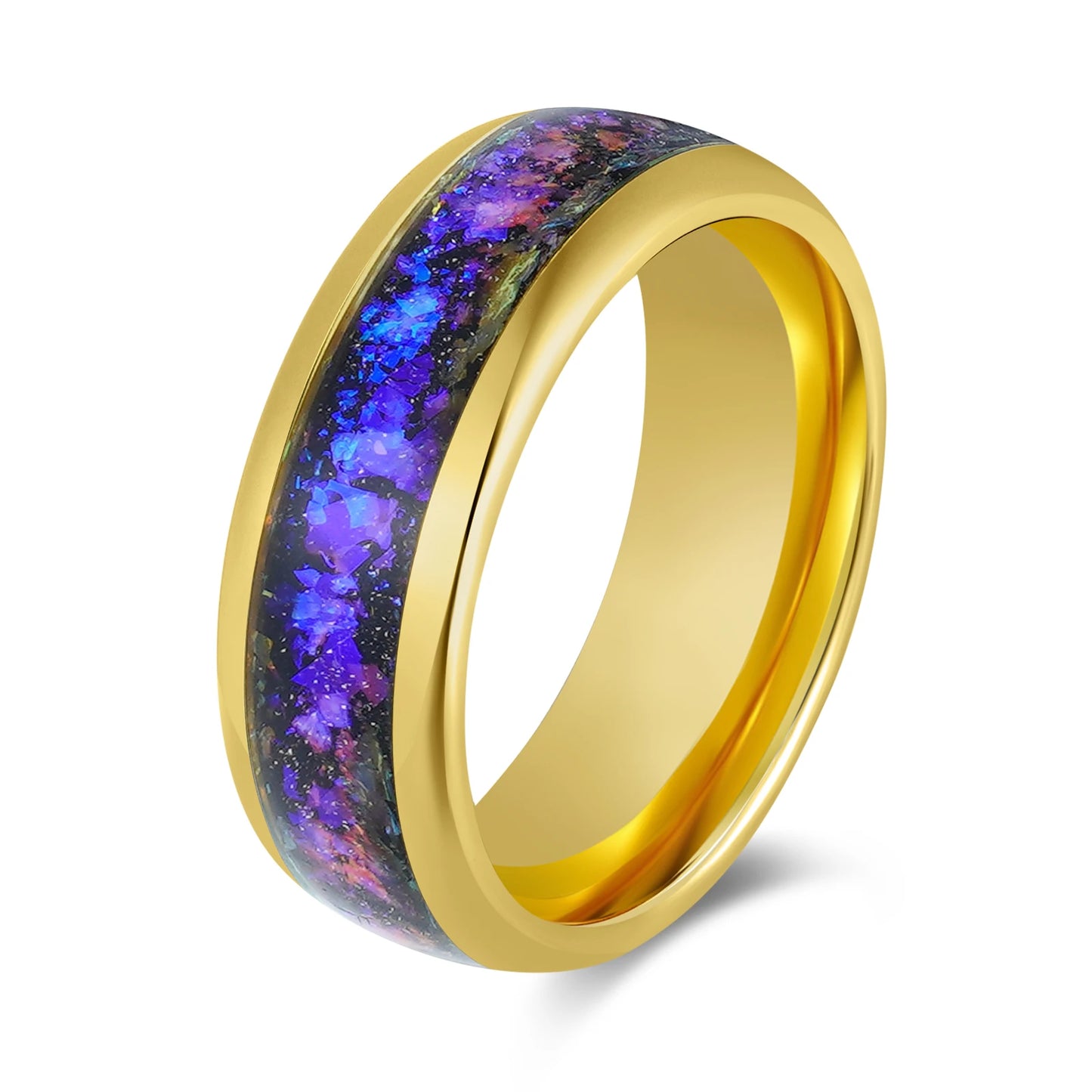 8mm Tungsten Carbide Gold Ring with Blue Nebular Inlay - Durable Comfort Fit Wedding Band