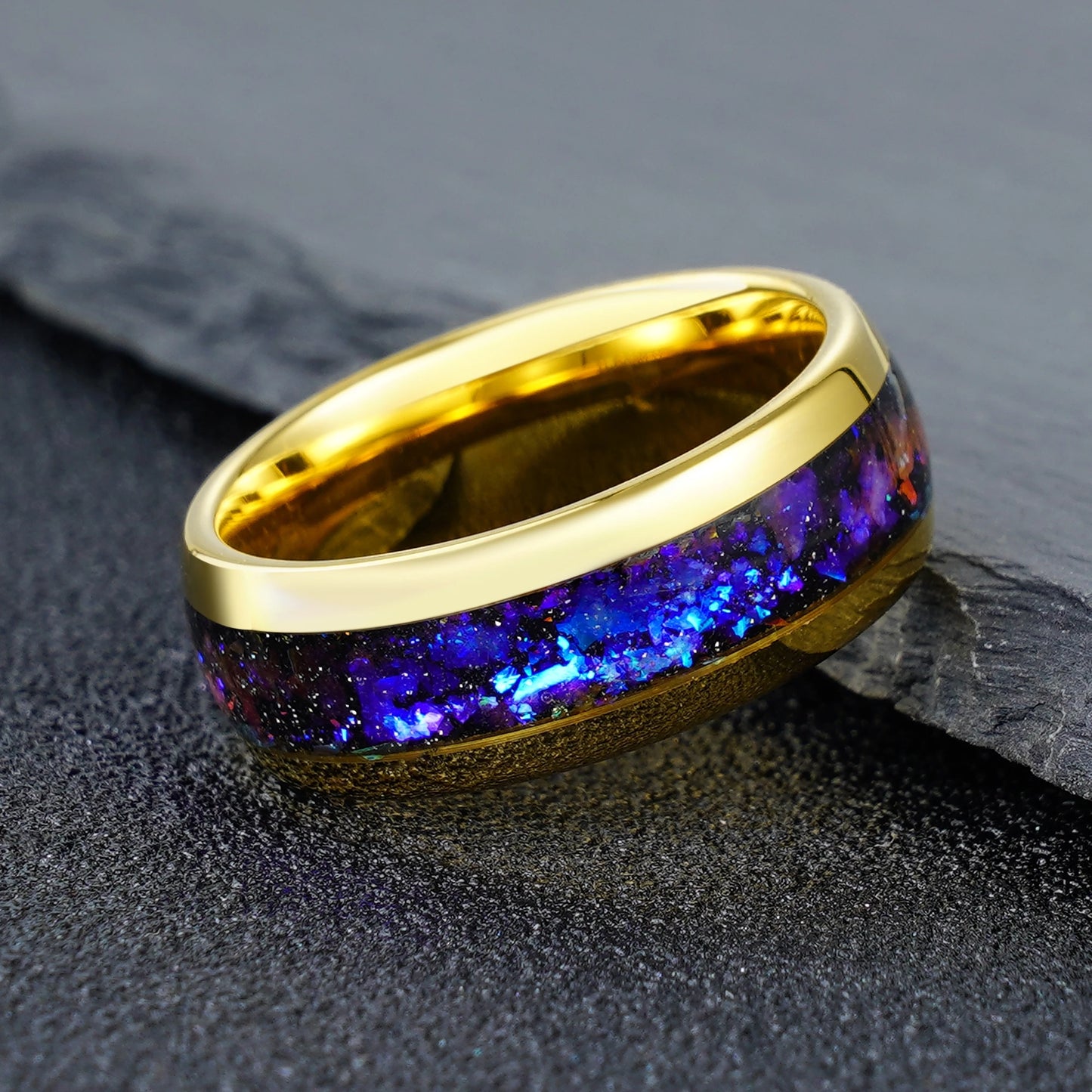 8mm Tungsten Carbide Gold Ring with Blue Nebular Inlay - Durable Comfort Fit Wedding Band