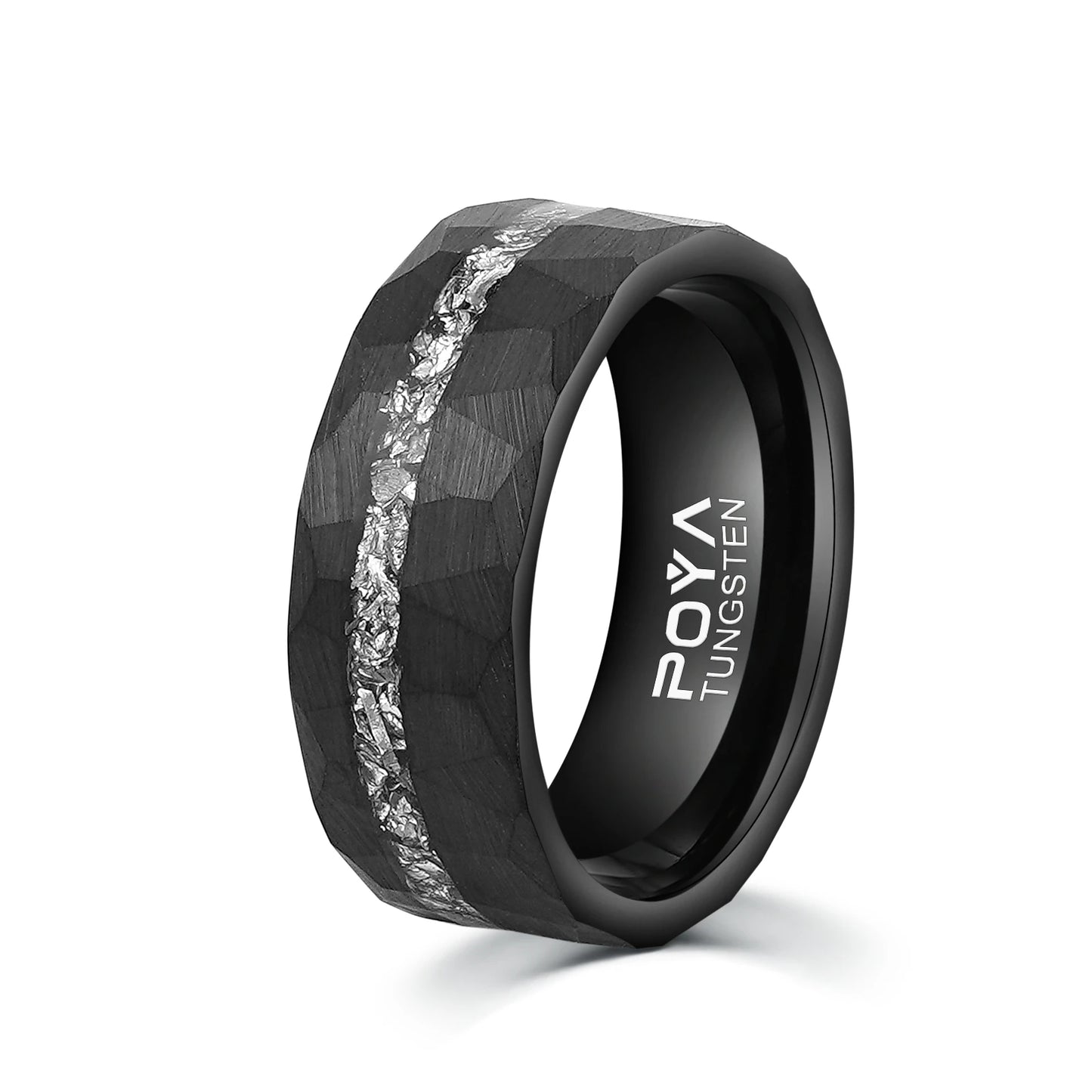 8mm Meteorite Inlay Black Hammered Plated Tungsten Carbide Rings