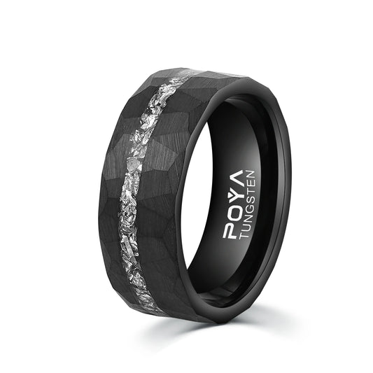 8mm Meteorite Inlay Black Hammered Plated Tungsten Carbide Rings