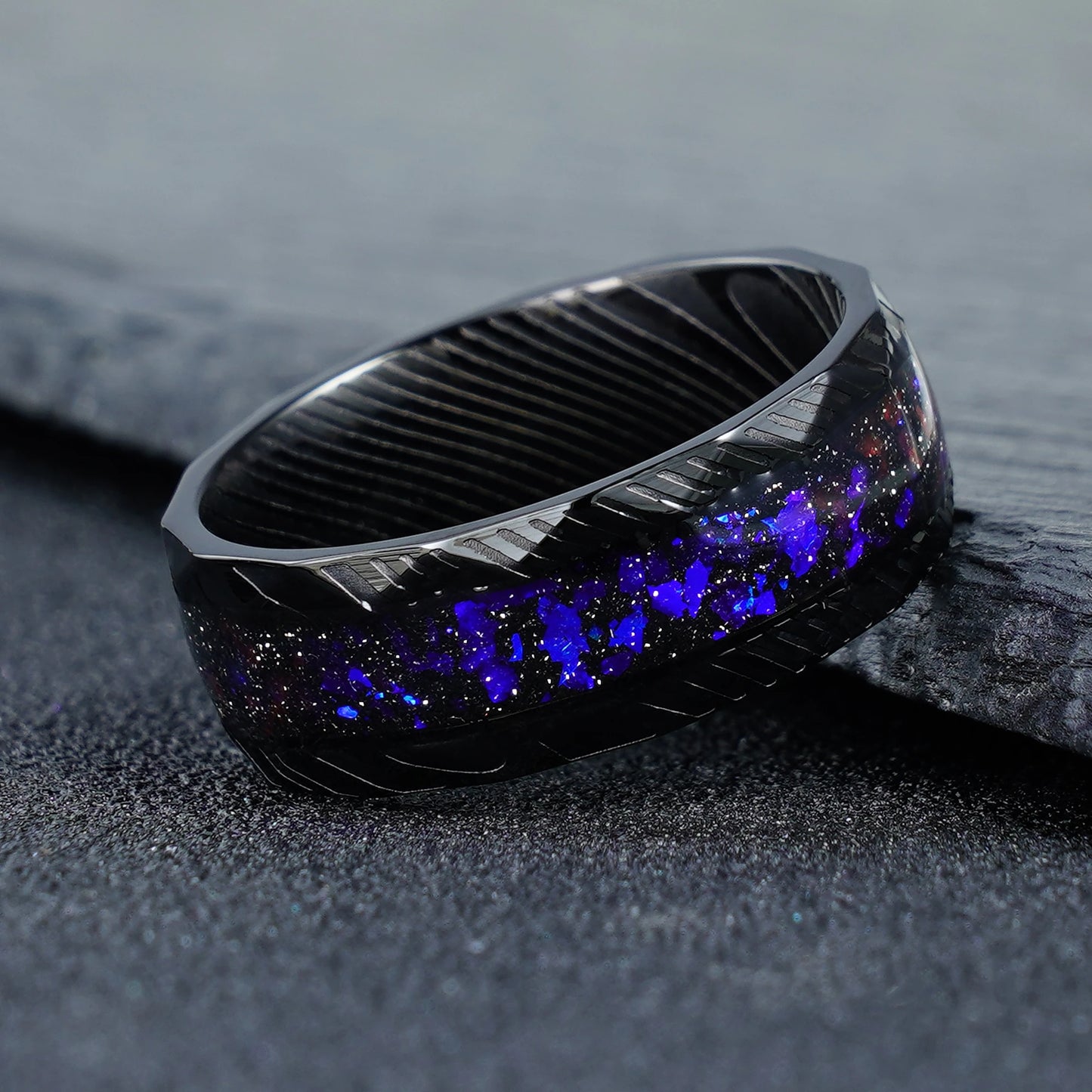 Galaxy Gravel Inlay Black Steel Damascus  Stainless Steel Ring