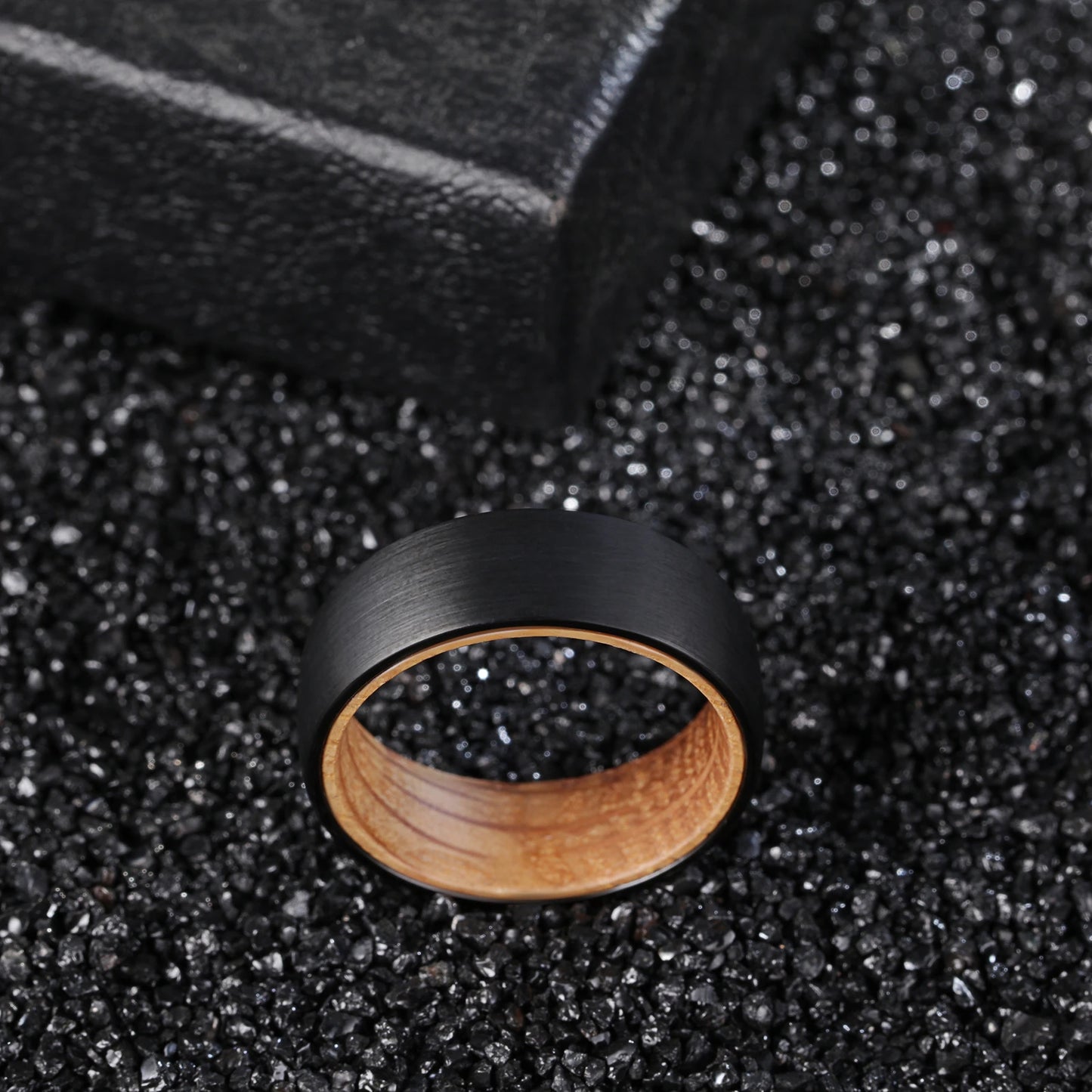 Domed Brushed Black Tungsten With Whiskey Barrel Wood Core