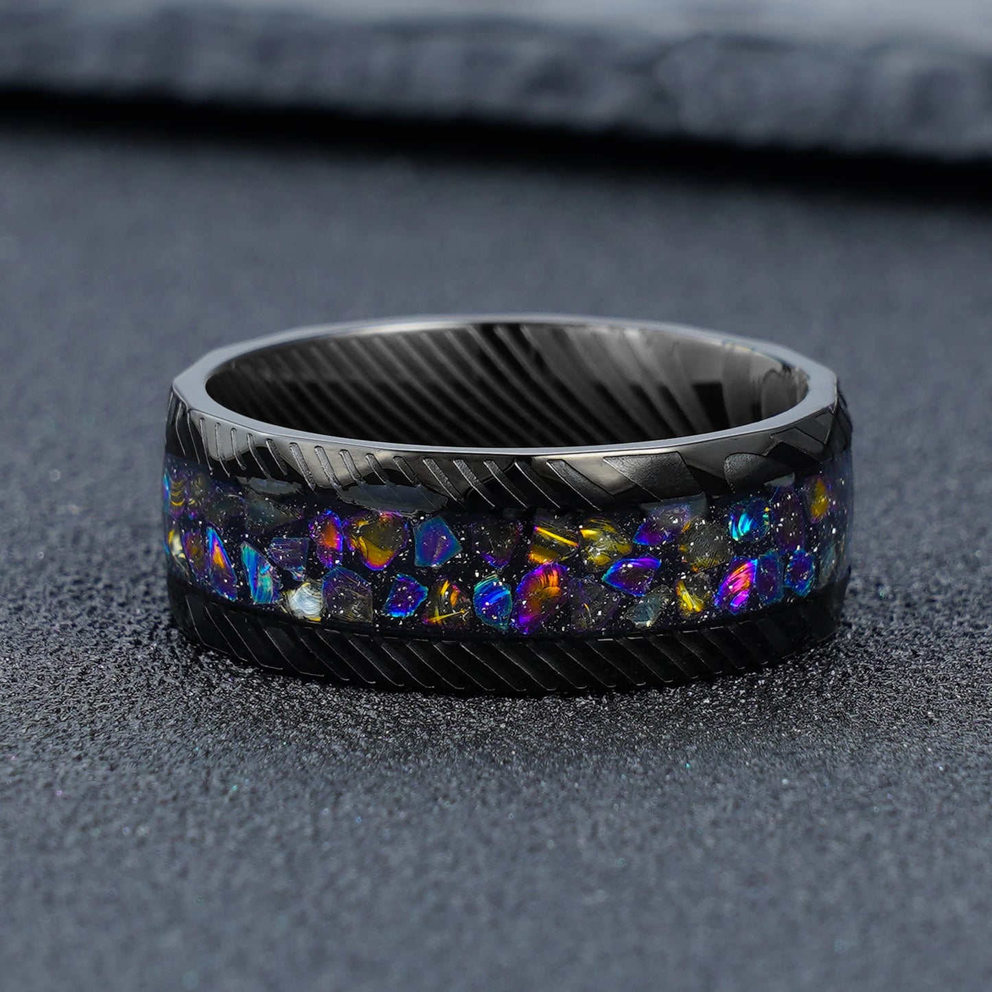 Galaxy Gravel Inlay Black Steel Damascus Stainless Steel Ring