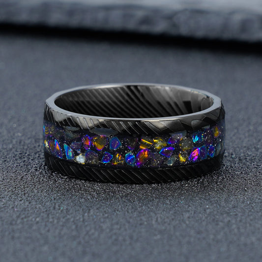 Galaxy Gravel Inlay Black Steel Damascus Stainless Steel Ring