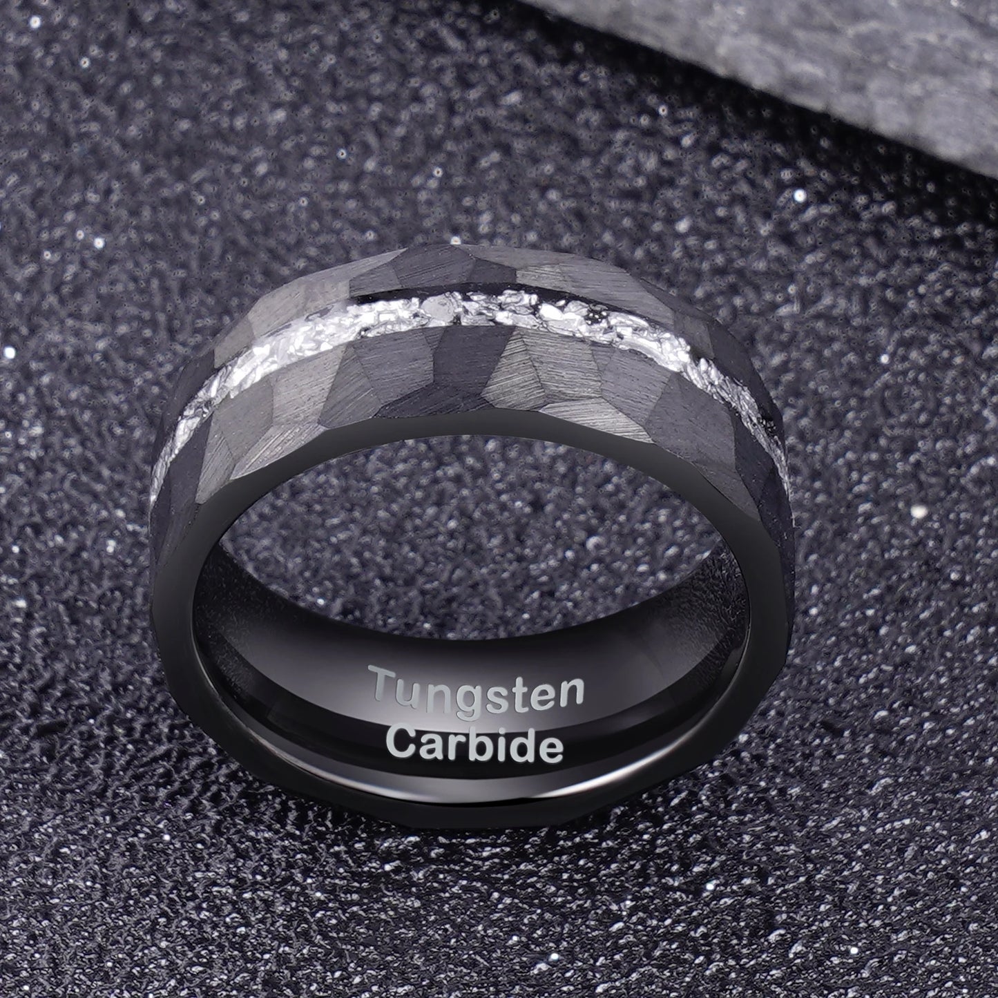 8mm Meteorite Inlay Black Hammered Plated Tungsten Carbide Rings