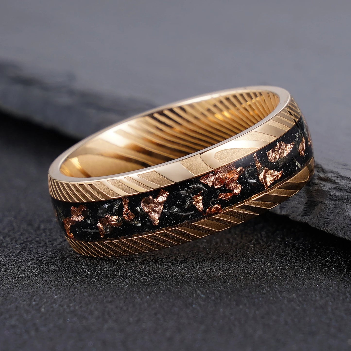 Rose Gold Black 8mm Damascus Steel Ring