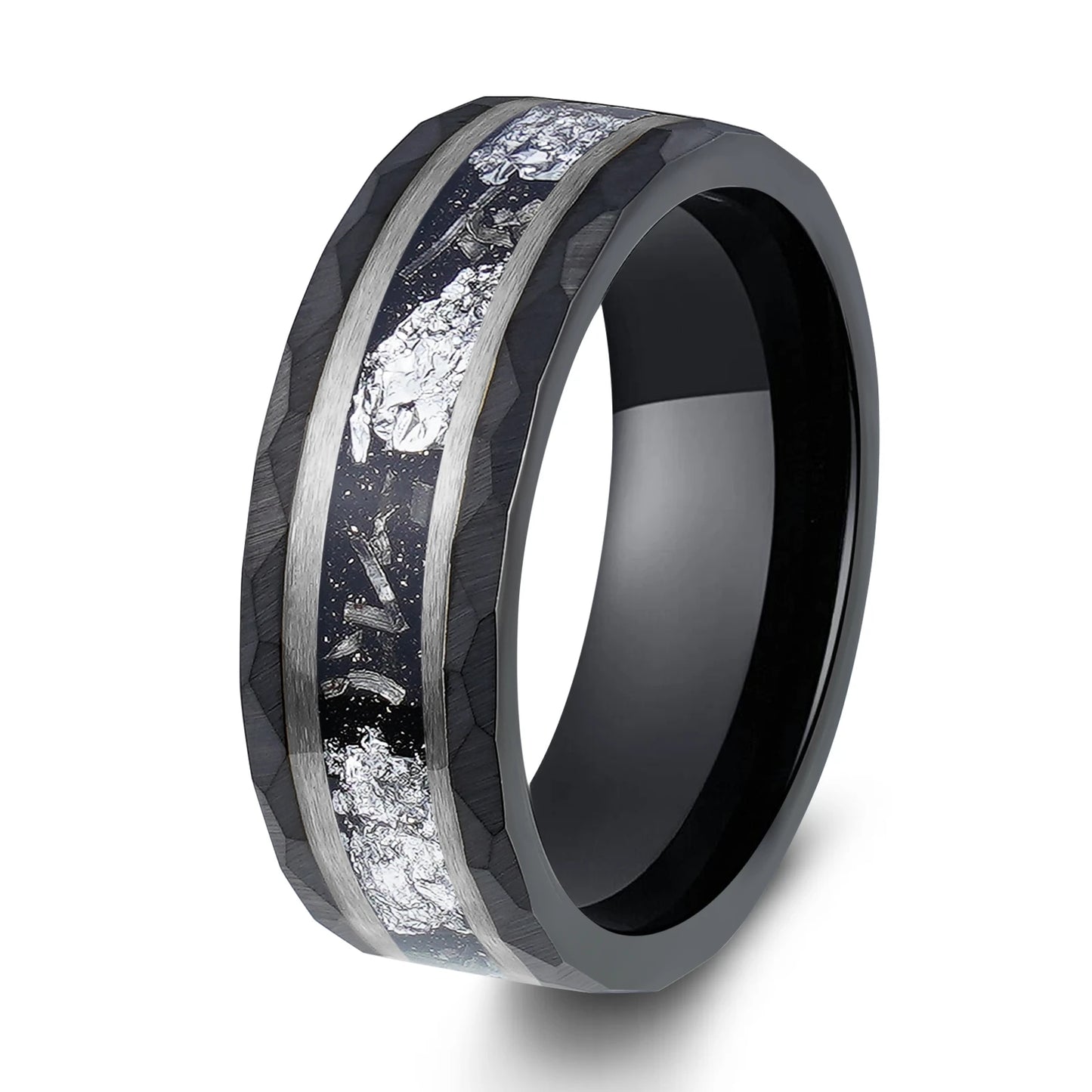 Black 8mm  Hammered Tungsten Ring  Sliver Leaf & Meteorite Shaving Inlay