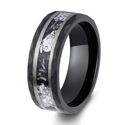 Black 8mm  Hammered Tungsten Ring  Sliver Leaf & Meteorite Shaving Inlay