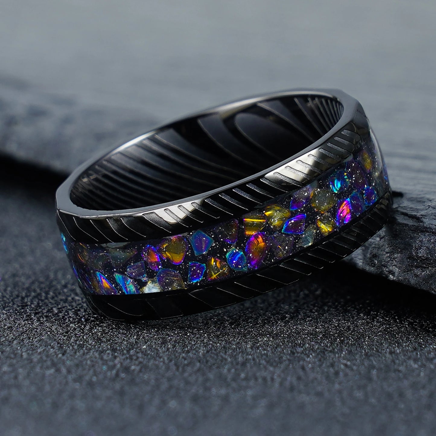 Galaxy Gravel Inlay Black Steel Damascus Stainless Steel Ring