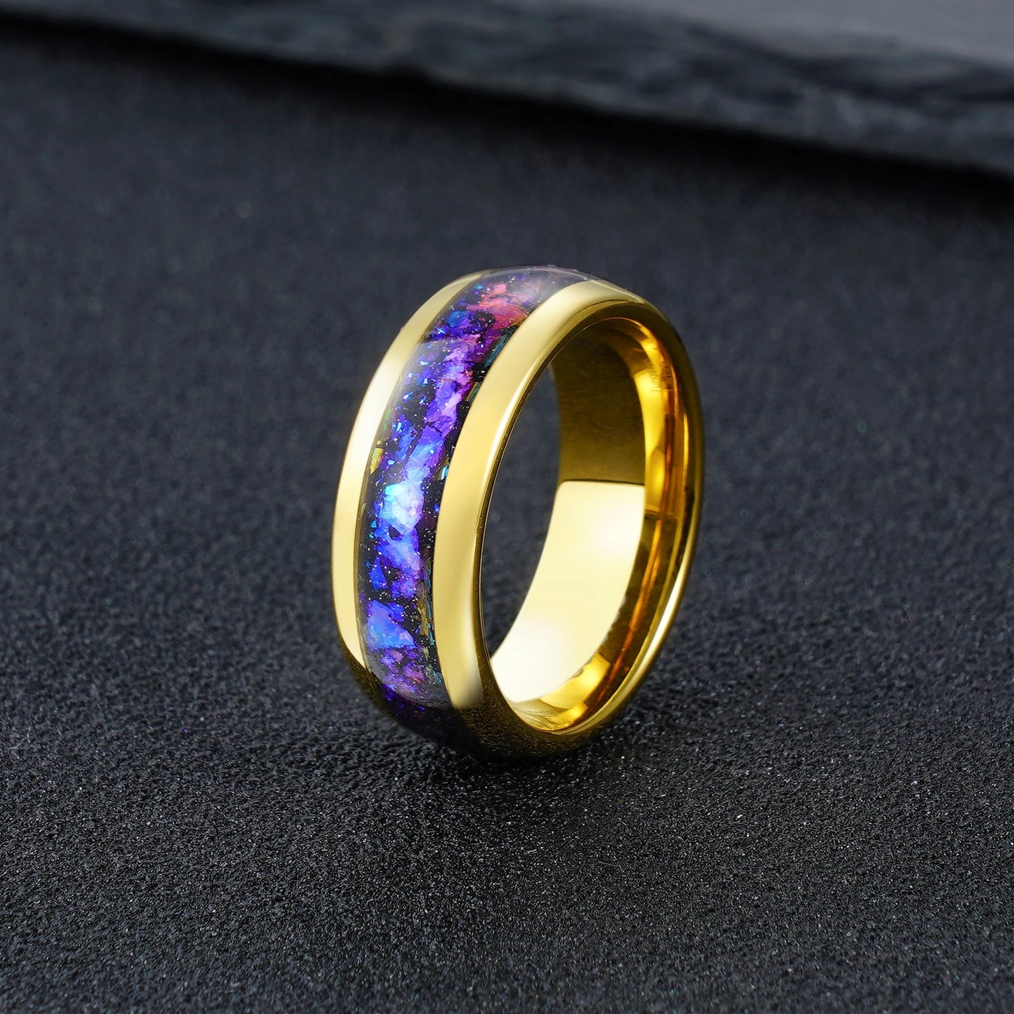 8mm Tungsten Carbide Gold Ring with Blue Nebular Inlay - Durable Comfort Fit Wedding Band