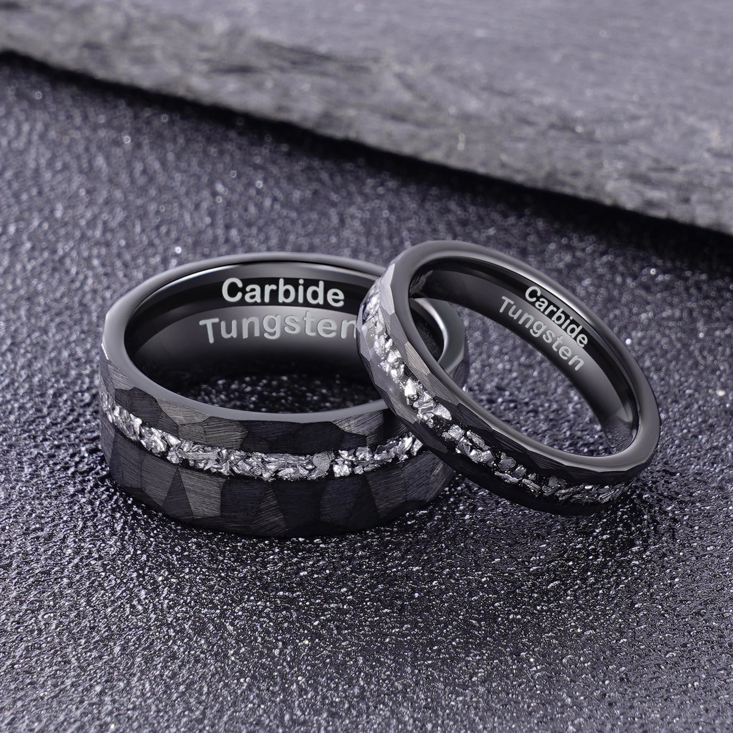 8mm Meteorite Inlay Black Hammered Plated Tungsten Carbide Rings