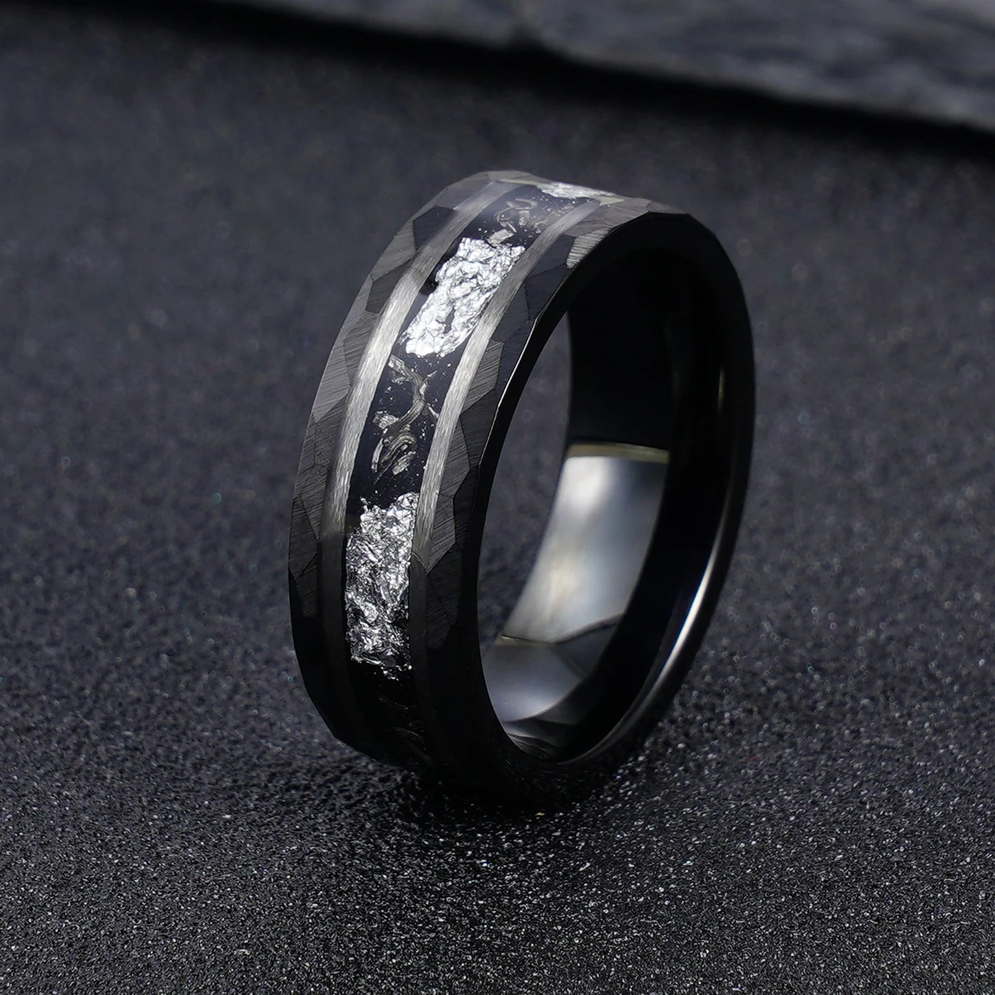 Black 8mm  Hammered Tungsten Ring  Sliver Leaf & Meteorite Shaving Inlay