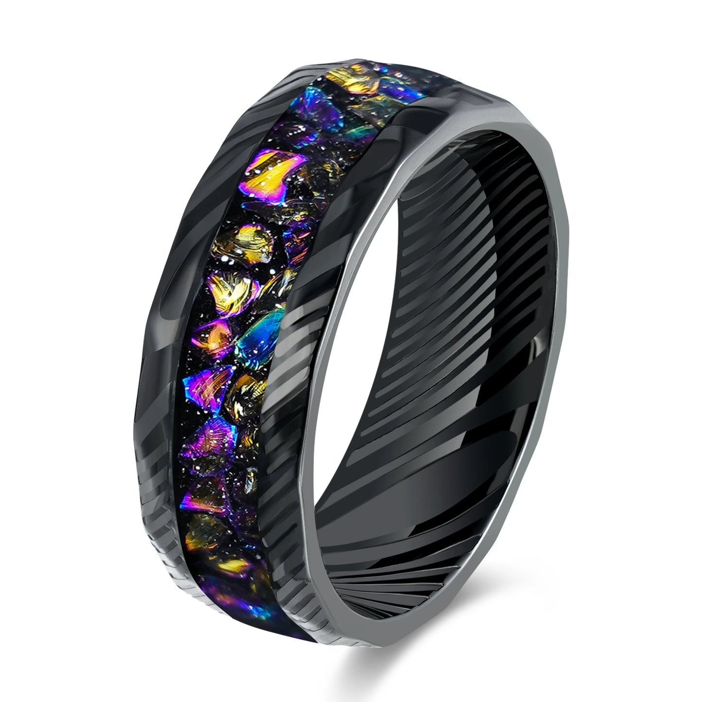 Galaxy Gravel Inlay Black Steel Damascus Stainless Steel Ring