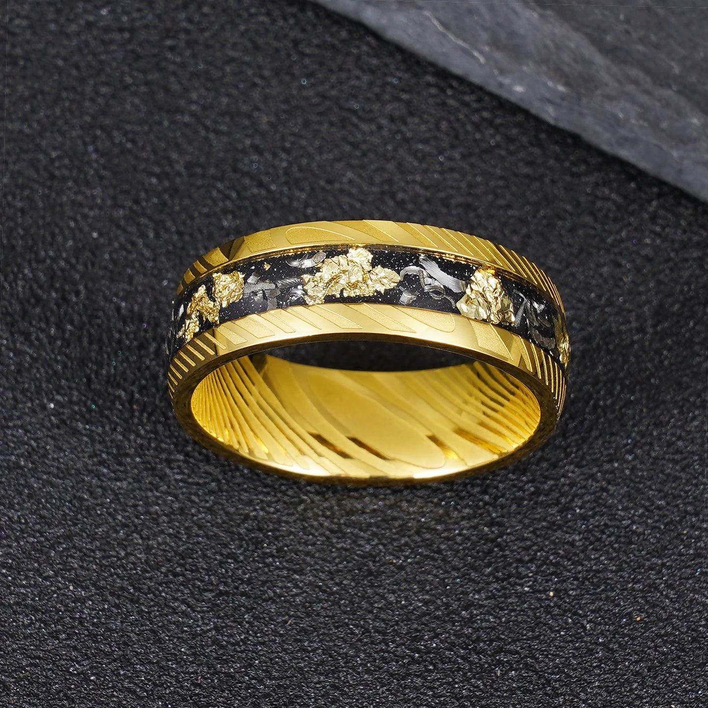 Gold Black 8mm Damascus Steel Ring