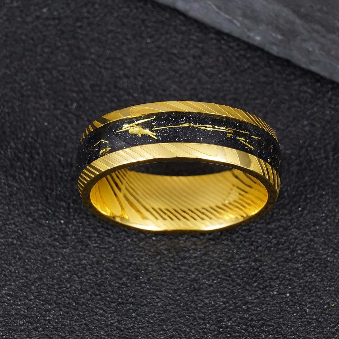 Gold Black 8mm Damascus Ring
